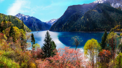 The panoramic colorful scenery of the long lake and forest at Jiuzhaigou national park, world...