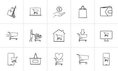 Online shopping and e-commerce hand drawn outline doodle icon set. Outline doodle icon set for print, web, mobile and infographics. Shop vector sketch illustration set isolated on white background.
