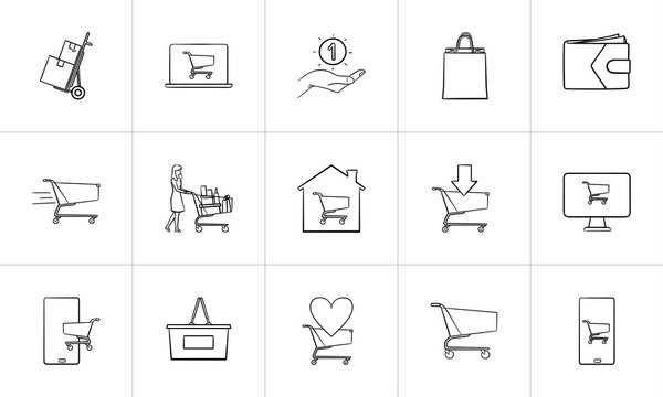 Online Shopping And E-commerce Hand Drawn Outline Doodle Icon Set. Outline Doodle Icon Set For Print, Web, Mobile And Infographics. Shop Vector Sketch Illustration Set Isolated On White Background.