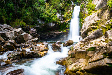 Beautiful waterfalls in the green nature, Wainui Falls, Abel Tasman, New Zealand.