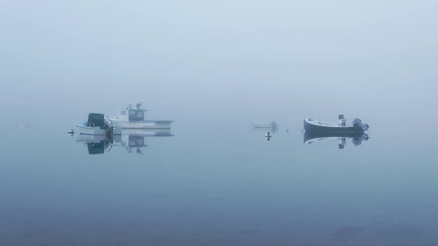 Several boats moored in a small tranquil New England cove at dawn.  Foggy lighting with no horizon line visible.