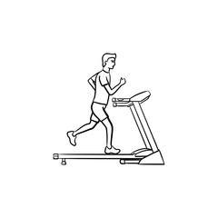 Man walking on treadmill hand drawn outline doodle icon. Healthy lifestyle, fitness machine, workout concept. Vector sketch illustration for print, web, mobile and infographics on white background.