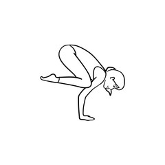 Woman doing yoga in crow pose hand drawn outline doodle icon. Fitness yoga and gym, balancing, health concept. Vector sketch illustration for print, web, mobile and infographics on white background.