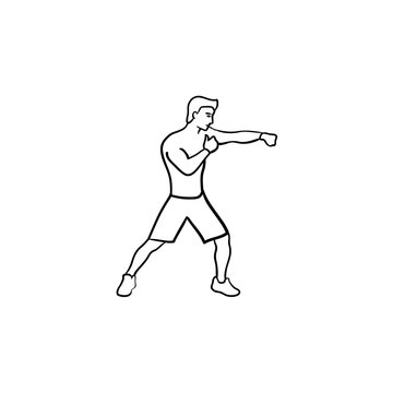 Boxing man in gloves hand drawn outline doodle icon. Fighting sport, martial arts, boxing male fighter concept. Vector sketch illustration for print, web, mobile and infographics on white background.