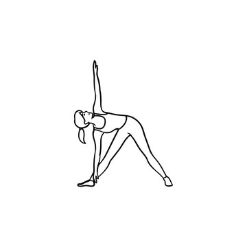 Woman doing yoga in triangle pose hand drawn outline doodle icon