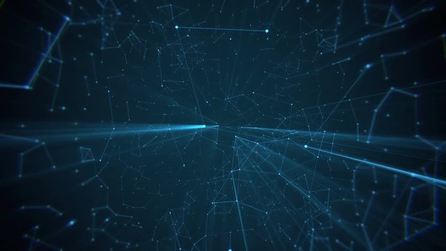 4K. Animation of Low poly chain connection lines with triangles. Glowing blue structure. Technology background