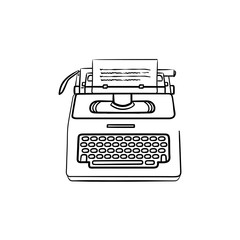 Typewriter with paper hand drawn outline doodle icon. Story writting and author, writer equipment concept. Vector sketch illustration for print, web, mobile and infographics on white background.