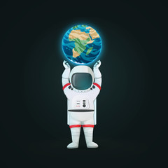 Astronaut standing with arms raised supporting planet Earth isolated on a dark background.