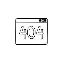 Browser window with inscription 404 error hand drawn outline doodle icon. Unavailable website, failure concept. Vector sketch illustration for print, web, mobile and infographics on white background.