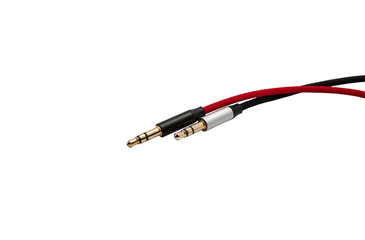 Red and black aux audio cable isolated on white background. File contains with clipping path.