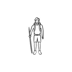 Hiker with backpack and walking stick hand drawn outline doodle icon
