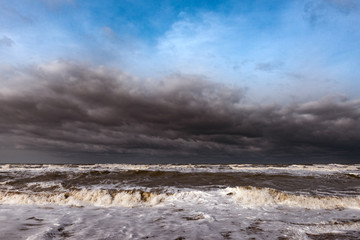 Stormy foamy sea, big waves