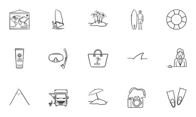 Summer vacation hand drawn outline doodle icon set. Outline doodle icon set for print, web, mobile and infographics. Tourism and beach vector sketch illustration set isolated on white background.