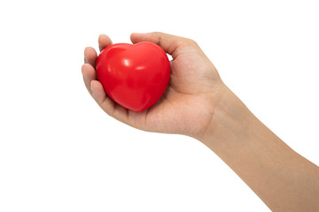 The red heart shape on woman hand.