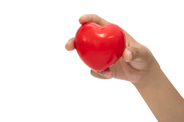 The red heart shape on woman hand.