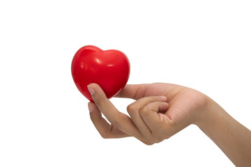 Fototapeta premium The red heart shape on woman hand.