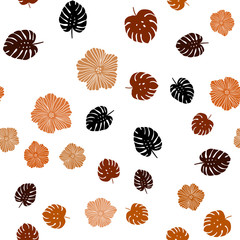 Dark Red vector seamless doodle backdrop with flowers, leaves.
