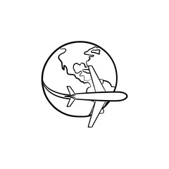 Airplane flying around the world hand drawn outline doodle icon