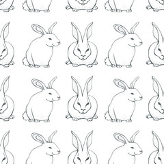 Seamless pattern with cute hand drawn rabbits isolated on white. Vector  template for textiles, wrapping paper, greeting card, invitation. Happy Easter background.