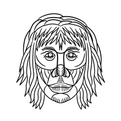 Drawing sketch style illustration of a homo habilis face, one of the earliest members of the genus Homo or early primitive man viewed from front on isolated white background in black and white.