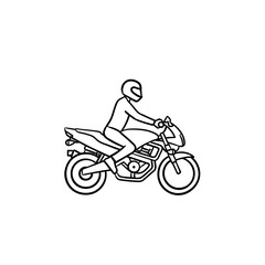 Fototapeta na wymiar Motocross rider riding bike hand drawn outline doodle icon. Motocross, cross country racing, motorcycle concept. Vector sketch illustration for print, web, mobile and infographics on white background.