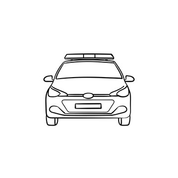 Police car with siren hand drawn outline doodle icon. Police transport, patrol and protect from criminal concept. Vector sketch illustration for print, web, mobile and infographics on white background