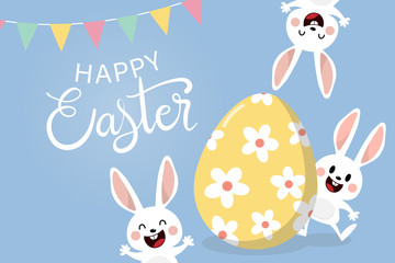 Happy Easter greeting card with cute white bunny and eggs. Welcome spring season with rabbit. Animal wildlife holiday cartoon character. -Vector.