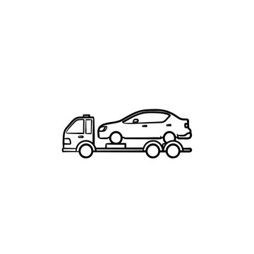 Tow truck with broken car hand drawn outline doodle icon. Roadside assistance, car transportation concept. Vector sketch illustration for print, web, mobile and infographics on white background.