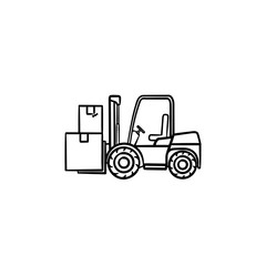 Warehouse forklift truck with cardboard boxes hand drawn outline doodle icon. Loader, warehouse vehicle concept. Vector sketch illustration for print, web, mobile and infographics on white background.