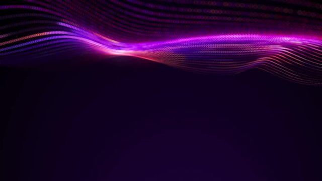 Big data wave of particles. Futuristic neon glowing surface. Abstract motion background