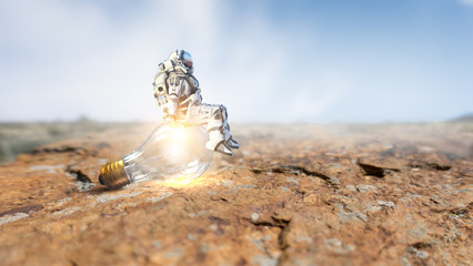 Spaceman on bulb. Mixed media