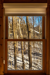 wooden window in forest house with beautiful view