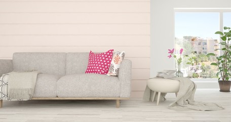 White stylish minimalist room with sofa. Scandinavian interior design. 3D illustration