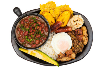 Traditional Colombian dish called Banda paisa: a plate typical of Medellin that includes meat, beans, egg and plantain