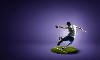 Fototapeta na wymiar Soccer player on round pedestal. Mixed media