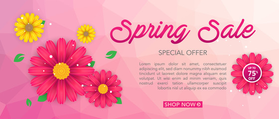 Spring sale banner template with beautiful colorful flower on pink background, for shopping sale. banner design. Poster, card, web banner. Vector illustration