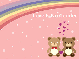 Sweet pastel pink and white dot background with two cute brown bear hold hand together decorate with purple heart and rainbow to present Love is no gender. Love theme vector design for Valentine day.