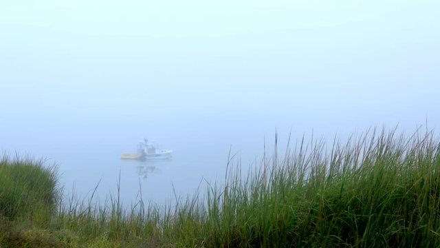 Commercial lobster boat moored in a small tranquil New England cove at dawn.  Foggy lighting with no horizon line visible.