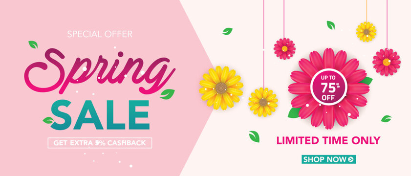 Spring sale banner template with beautiful colorful flower on pink background, for shopping sale. banner design. Poster, card, web banner. Vector illustration