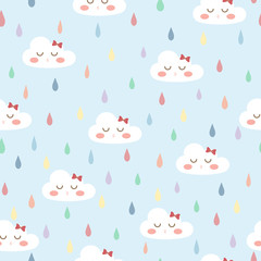 White cloud with cute face on pastel blue background and colorful raindrops. Concept about fresh and happy in raining day for background, wallpaper, cloths pattern for kids. Vector seamless pattern.