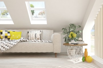 White stylish minimalist room with sofa. Scandinavian interior design. 3D illustration