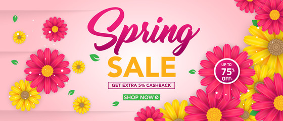 Spring sale banner template with beautiful colorful flower on pink background, for shopping sale. banner design. Poster, card, web banner. Vector illustration