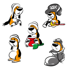 Funny little dog.
A set of sketches of cartoon puppy in a variety of hats, isolated on white background. Vector illustration.