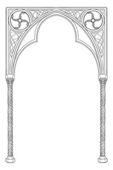 Medieval manuscript style rectangular frame. Gothic style pointed arch. Vertical orientation. EPS10 vector illustration