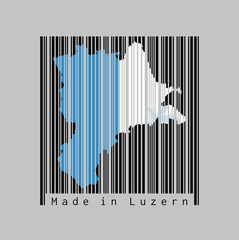 Barcode set the shape to Lucerne map outline and the color of Lucerne flag on black barcode with grey background.
