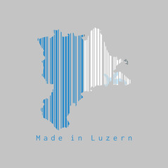 Barcode set the shape to Lucerne map outline and the color of Lucerne flag on grey background, text: Made in Luzern.