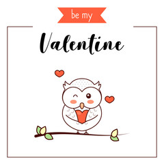 Owl in love hold heart, cartoon owl character, Valentine’s greeting,  kawaii vector illustration.