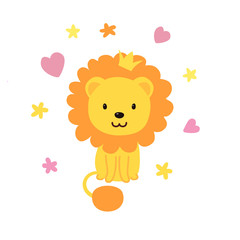 Cute smiling hippo character with crown isolated on awesome background with hearts , crown and stars. 