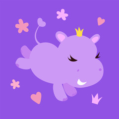 Cute smiling hippo character with crown isolated on awesome background with hearts , crown and stars. 