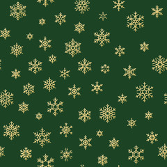 Merry Christmas holiday, Happy New Year celebration golden decoration, simple seamless snowflake pattern. Green wallpaper, wrapping decoration. EPS 10